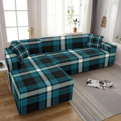 Housse De Canapé D'Angle Imprimé Tartan Bleu