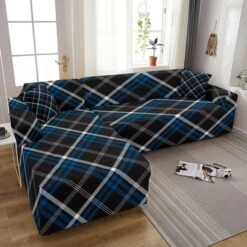 Housse De Canapé D'Angle Imprimé Tartan Bleu Nuit