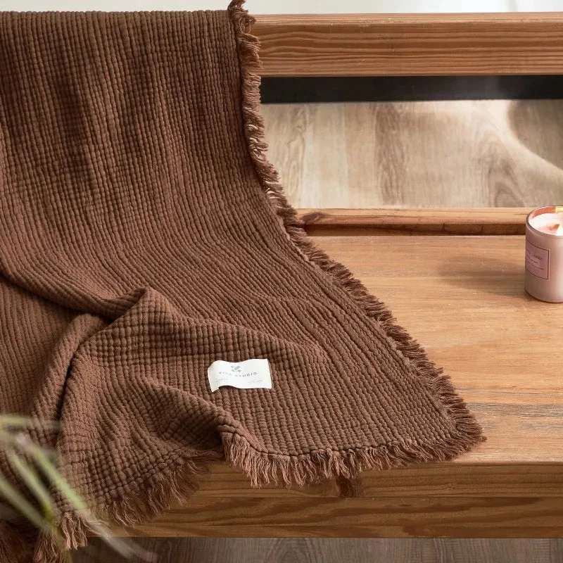 Plaid Canapé Gaze De Coton Marron Plaid Canapé Gaze De Coton Marron -Housse Moderne Magasin plaid canape marron housse moderne 4