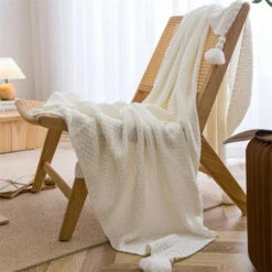 Plaid Macramé Blanc à Pompons